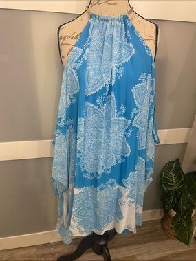 Bisou Bisou Blue and White Paisley Halter Dress